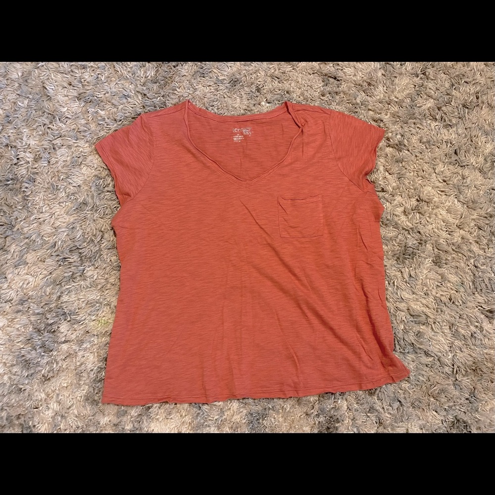 Salmon Raw Hem Pocket V Neck | Terra & Sky | Womens Size 1X